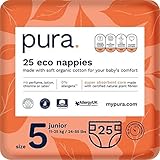 Pura Öko-Windeln Größe 5 (Junior 11-25 kg), 25 Windeln (1 Packung), mit EU Ecolabel Zertifiziert, für Empfindliche Haut, aus Baumwolle, Geruchsfrei, Hypoallergen, 12 Stunden Auslaufschutz