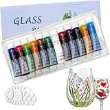 12 Farben Glasfarben mit Palette, professionelle Glasfarbe Set, hochwertige ungiftige Acrylfarbe für Glas, Multi-Surface Satin Glas Craft Paint Set, reiches Pigment (12 x 12ML)