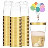 mauepersu 50 Stück Plastikbecher mit Golden, 280ml Becher aus Kunststoff Wiederverwendbare Trinkbecher Elegante Party Weingläser für Champagner Bier Cocktail Martini Soda Dessert (Gold)