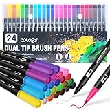 Halobios Dual Brush Pen Set, Filzstifte 24 Farben Pinselstifte Marker Aquarell Stifte Für Kinder und Erwachsene, Fineliner Set Malstifte Für Kalligraphie Bullet Journal Handlettering Manga Malbücher