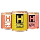 HENSSLERS 3er Asia Set Curry, Wok-Gewürz & scharfes Gewürz – Curry-Pulver Madras Art, Wok Gewürzmischung & Chili- und Pfeffer-Gewürz, 3 x 80 g