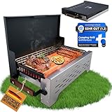 GrillVenture® Camping-Grill Faltbar | [Klappgrill mit Holzgriff] | Tischgrill Koffergrill Klein | Holzkohlegrill Edelstahl für Camping, Outdoor, Picknick, Balkon | für 2-6 Personen