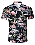 AIDEAONE Herren Hawaiihemd Kurzarm Hemden Flamingo Hemd Schwarz