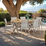 CARO-Möbel Gartenmöbelset Windy mit 1 Tisch und 6 Stühlen aus Alu und Non-Wood in Champagner, Esstisch Set in Holzoptik, Stühle mit Netz witterungsbeständig bespannt