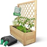 holz4home® Pflanzkasten mit Rankgitter M aus Kiefernholz I 34x98x104 cm I inkl. Gartenhandschuhe & Vlies I Pflanzkübel mit Spalier I Hochbeet für Balkon als Sichtschutz I Blumenkasten
