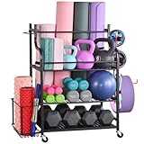 Mythinglogic Legierter Stahl, Yoga Matte Regal, Yogamatte Organizer für Hanteln, Faszienrolle, Kettlebell, Theraband und Block, Zuhause und Fitnessstudio Lagerregal Sportgeräte standregal, Schwarz