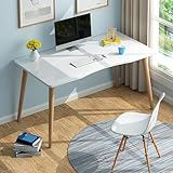 Saterkali Holz-Schreibtisch, Heimbüro, Arbeitszimmer, nordischer Stil, Computerarbeits-Studiertisch mit Massivholzbeinen, Holz-Schreibtisch mit ergonomischem Rand, geräumiger Schreibtisch für Zuhause,