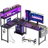 Coleshome Gaming Tisch L Form mit LED & Steckdosen, 135 × 100 cm Reversibel Gaming Schreibtisch mit Ablageregalen, Eckschreibtisch mit Aufbewahrungstasche für Homeoffice und Gaming, Schwarz