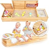 SCHRIMA® 4 in 1 Sandkasten aus lackiertem Massivholz - Wasserwanne und Staufach neben großem Sandfach inkl. Vlies, mit Holzabdeckung als Kindersitzbank verwendbar, für Terrasse, Balkon oder Garten