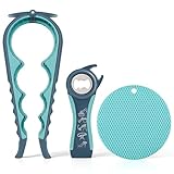 Flaschenöffner für Senioren, Ringzugdosenöffner zum Öffnen, Gummi-Glasöffner für Schwache Hände 5-in-1 Glas-Flaschenöffner, Design für Schwache Hände, Senioren, Arthritis (Blau und Grau)