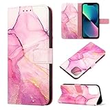 nancencen für iPhone 14 (6.1') Hülle, PU Leder Handyhülle Kapphülle mit Kartenfach Magnetisch Rundumschutz Mode Marmormuster Handytasche Case Handytasche Case, Golden Pink