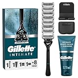 Gillette Intimate Set, Nassrasierer Herren, Rasierer + 8 Rasierklingen + 2-in-1 Rasier- und Duschcreme 177ml + Inklusive Duschhaken & Reiseetui, Geschenk für Männer