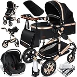 KESSER® Loops 3 in 1 Kinderwagen Kombikinderwagen komplettset incl. Babywanne & Buggy Sportsitz & Auto-Babyschale - Voll-Gummireifen - Wickeltasche/Regenschutz/Kindertisch Set, Schwarz/Champagne