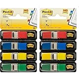 Post-it Index Flags schmal, Packung mit 4 Spendern, 35 Blatt pro Spender, 11, 9 mm x 43, 2 mm, Gelb, Rot, Grün, Blau - Zum Markieren, Hervorheben oder Farbcodieren wichtiger Informationen