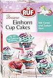 RUF Einhorn Cupcakes, Backmischung für kleine Törtchen mit bunter Tortencreme und weißem Fondant für ein Zuckerhorn, mit 12 Einhörner-Förmchen, 1x365g