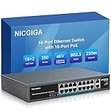 NICGIGA 18-Port PoE-Switch, 16-Port PoE 10/100Mbps@250W, 2 Gigabit Uplink-Ports, VLAN-Modus, Metallgehäuse, Tisch-/Wand-/19-Rackmontage, Plug-and-Play, unverwaltet