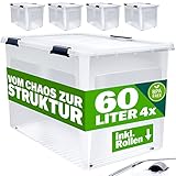 Deuba® Aufbewahrungsboxen 4 x 60l mit Deckel und Rollen, stapelbar, transparent Kunststoff BPA-frei Klickverschluss, RB60 für Büro, Garage, Waschraum