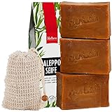 Natura Germania® 3x je ca. 200 gr (ca. 600 gr) original Aleppo Seife Set 80% Olivenöl / 20% Lorbeeröl + Sisal Seifensäckchen | Bekannt aus dem Öffentlich-rechtlichen - Naturseife