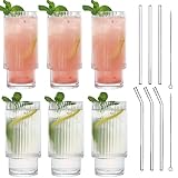 MUJUZE Geriffelte Gläser Set und Glasstrohhalm,6 Pack 310ML Longdrinkgläser Set,Origami-Stil Glasbecher, Ripple Vintage-Glaswaren,Glasses Set ideal für Cocktails umd Kaffee Gläser