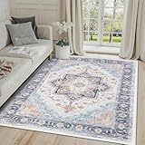 SHACOS Boho Teppich Wohnzimmer 120x170 cm Teppich Schlafzimmer rutschfest Wohnzimmerteppich Kurzflor Teppich Waschbar Flachgewebe Teppich Vintage Teppich Wohnzimmer Schlafzimmer, Blau