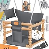 KIDIZ® Babyschaukel Kinderschaukel Schaukelsitz mit Polsterung | Holz-Schaukel mit Anti-Kipp bis 60KG | Höhenverstellbar Indoor & Outdoor | 0,5-3 Jahre | Montagezubehör & Sicherheitsgurt Anthrazit