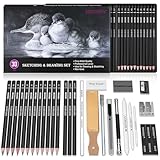 HIFORNY 30-teiliges Skizzierstifte-Set, Skizzenstifte, Kunstzubehör mit Graphit, Kohle, Mischwerkzeuge, Zubehör, Zeichenset für Erwachsene, Künstler