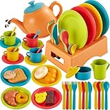AOLEVA Kinderküche Zubehör Teeservice Kinder, 44PCS Puppengeschirr Spielküche Zubehör Geschirr Teeservice Spielzeug für 3+ Jahre