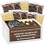 FOOD crew 900g belgische Schokolade für Fondue - Schoko-Mix aus Vollmilch, Zartbitter & Weiß - Schokolade für Schokobrunnen – Schoko Kuvertüre Drops - 10 Portionsbeutel einzeln verpackt