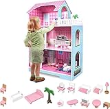 HENGMEI Puppenhaus Kinder Holz Puppenvilla Dollhouse Set Mädchen Spielset 3 Etagen Haus mit Möbeln und Zubehör, 70x30x100cm Puppenhäuser für Kinder (Typ B)