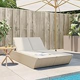 IKAYAA Doppelliege Outdoor 2 Personen Verstellbar Sonnenliege 2 Personen Rattan Sonnenliege Sonnenbett Loungebett Gartenbett mit Auflage Liege Outdoor Rattanliege Beige und Creme