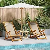 QJBSAVVA Strandstuhl Klappbar 2er Set aus Akazienholz mit Textilene-Gewebe Taupe Verstellbare Rückenlehne Leicht & Tragbar für Strand Garten Camping und Balkon