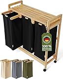 AMBIAVO® Wäschekorb 3 Fächer mit Rollen [schwarz, 100% Baumwolle, Bambus, 90 l Volumen] | Wäschesammler für Schmutzwäsche| Wäsche Sortiersystem | Wäschesortierer Holz | Wäschebox | laundry baskets