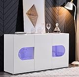 Sideboard Weiß Hochglanz Kommode Mit LED-Beleuchtung & 3 Türen, 150x40x81 cm, Highboard für Wohnzimmer Esszimmer
