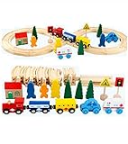 Lalia Bahnset Zug Schienenbahn aus Holz 33 Teile, Holzspielzeug für Kinder, bunt, Eisenbahn Schienen Zug Set. Tolles Geschenk für kleine Schaffner Holzeisenbahn