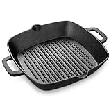 Velaze Grillpfanne Gusseisen 32x27,5 cm, Gusseisenpfanne Grill, Bratpfanne mit Ausguss, Feuerpfanne mit 2 Henkeln, Eingebrannt, Steakpfanne für Gasgrill, Ideal zum Camping und Garten