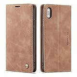 QLTYPRI Hülle für iPhone X XS, Vintage Dünne Handyhülle mit Kartenfach Geld Slot Ständer PU Ledertasche TPU Bumper Wallet Case Flip Schutzhülle Kompatibel mit iPhone X XS - Braun