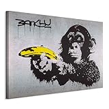 B&D XXL - Akustikbild Banksy 120x80 cm 1 tlg Bilder Akustikschaum Schallschutz Akustikpaneele Wandpaneele Schalldämmung Schallabsorber Monkey with Banana Gun Affe mit bananen Pistole 030115-40