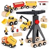 Vanplay Baustellenfahrzeuge Kinder Kran Spielzeug Holzspielzeug Baustelle Spielzeug ab 2 Jahre Junge mit Turmkran Bagger Kranwagen Muldenkipper Straßenwalze Geschenk 2 3 4 5 Jahre Junge