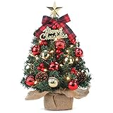 Mini Weihnachtsbaum Kleiner Weihnachtsbaum mit Beleuchtung LED Tisch Weihnachtsbaum klein künstlich geschmückt für Weihnachten Deko 40cm (Rot mit Gold)