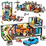 HOGOKIDS 3 IN 1 City Auto Garage Bausteine, 1022 Teiles Technik Autowerkstatt, Waschanlage, Werkstatt mit 2 Autos Bausatz Mechanic Reparatur Baustelle Spielzeug Geschenk für 10+ Jungen Kinder Mädchen