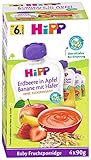 HiPP Quetschbeutel für Babys, Frucht-Porridge, Erdbeere in Apfel-Banane mit Hafer, 100% Bio-Früchte ohne Zuckerzusatz, 4 x 4 Beutel à 90 g