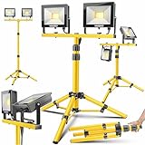 MASKO® LED Baustrahler 8000 Lumen Doppel 2x50W mit Stativ & Fernbedienung Arbeitsleuchte 72LEDs Arbeitsscheinwerfer 360° Drehbar IP65 Bauscheinwerfer 5m Kabel Baustellenlampe höhenverstellbar 86-202cm
