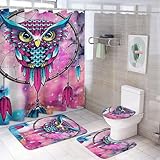 peiyeety Buntes Eulen-Traumfänger-Duschvorhang-Set, 4-teilig, rutschfeste Teppiche, U-förmige Badematte, WC-Deckel, abstraktes geometrisches modernes Badezimmer-Set.