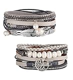 Milacolato 2 Stück Lederarmband Damen Boho Multilayer Baum Leder Armband Wrap Ledermanschettenarmbänder Grau Braun Schwarz Blau Magnetschnalle Armreifen Schmuck Geschenk Für Mutter Freunde