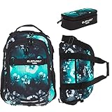 Elephant 3 Teile Set Schulrucksack Hero Signature Rucksack + Sporttasche + Mäppchen 12609 (Flower Türkis-Schwarz Verlauf)