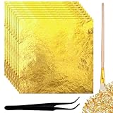 200 Blatt Goldfolie Flocken Blattgold Essbar Papier Mit Pinzetten Und Bürsten, 14X14Cm Blattgold Torten Deko, Basteln Gold Folie Flocken Blattgold Papier, Für Malerei,Mousse Kuchen,Handwerk Nägel