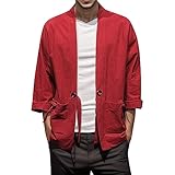 Trachtenjacke Herren Strickjacke Herren-Stil, nationaler Stil, Retro, lockere dünne Strickjacke, Kimono, japanische Robe, 7 abgeschnittene Ärmel, Mantel, Übergröße, Retro--Tang- Männer (Red, XL)