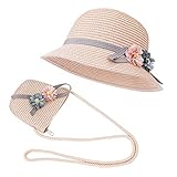 FT-SHOP Strohhut und Kleine Tasche Set Mädchen Kinder Sommer Sonnenhut mit Blumendekoration für den Urlaub Reise Outdoor-Aktivitäten