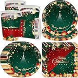 Bikasun Weihnachten Partygeschirr Set, Weihnachtsbaum Pappteller Servietten Pappbecher Papier, Rot Grün Weihnachts Geschirr Set, 16 Gäste Weihnachtsfeier Dekoration Supplies