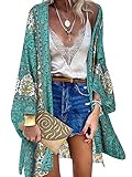 ZANZEA Damen Blumendruck Kimono Strickjacke Boho Strandkleid Pareos Poncho Sommer Strand Bikini Cover Up Boho-Grün M